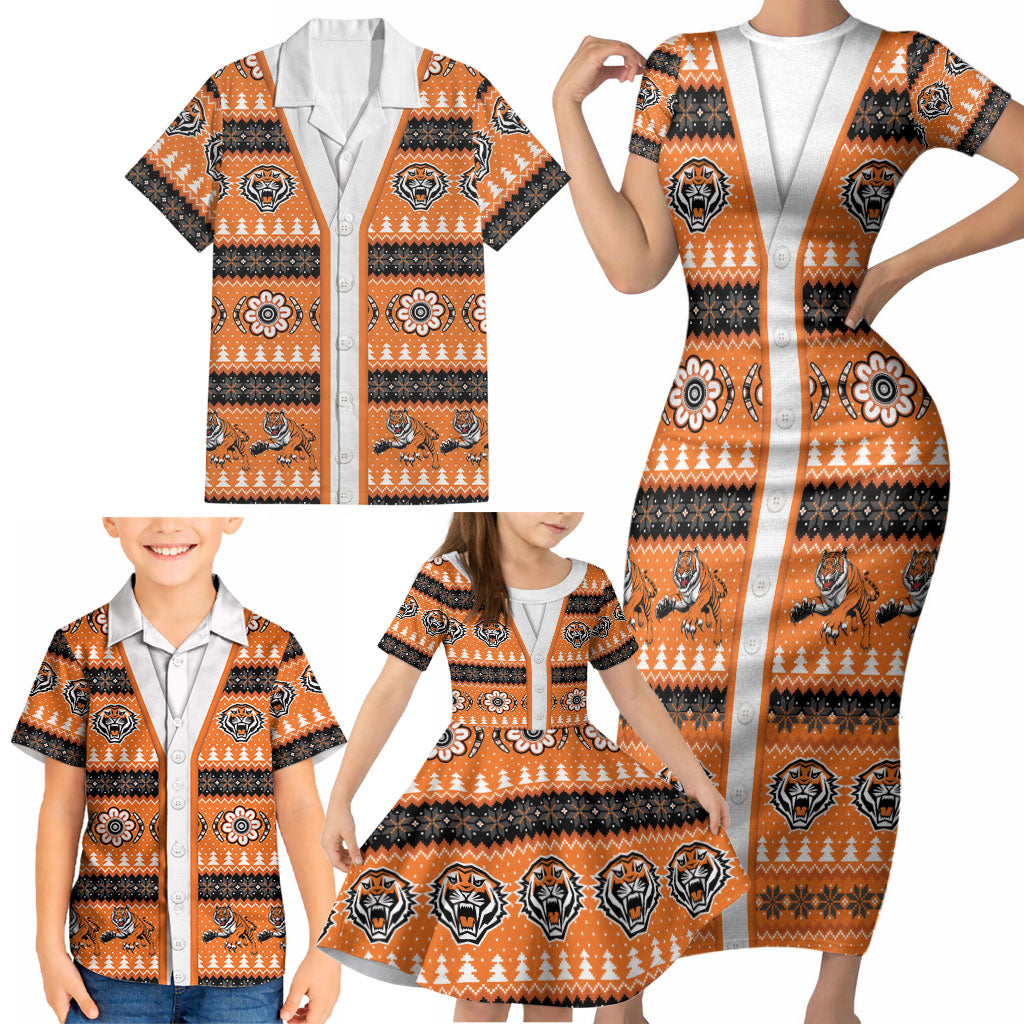 Tigers Rugby Christmas Family Matching Short Sleeve Bodycon Dress and Hawaiian Shirt Aboriginal Seamless Cardigan Inspired