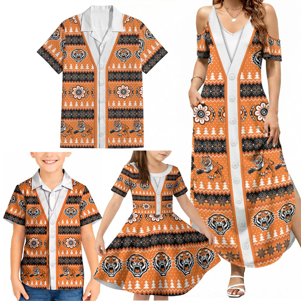 Tigers Rugby Christmas Family Matching Summer Maxi Dress and Hawaiian Shirt Aboriginal Seamless Cardigan Inspired