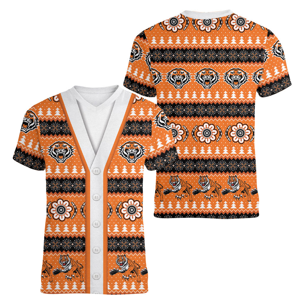Tigers Rugby Christmas Women V-Neck T-Shirt Aboriginal Seamless Cardigan Inspired