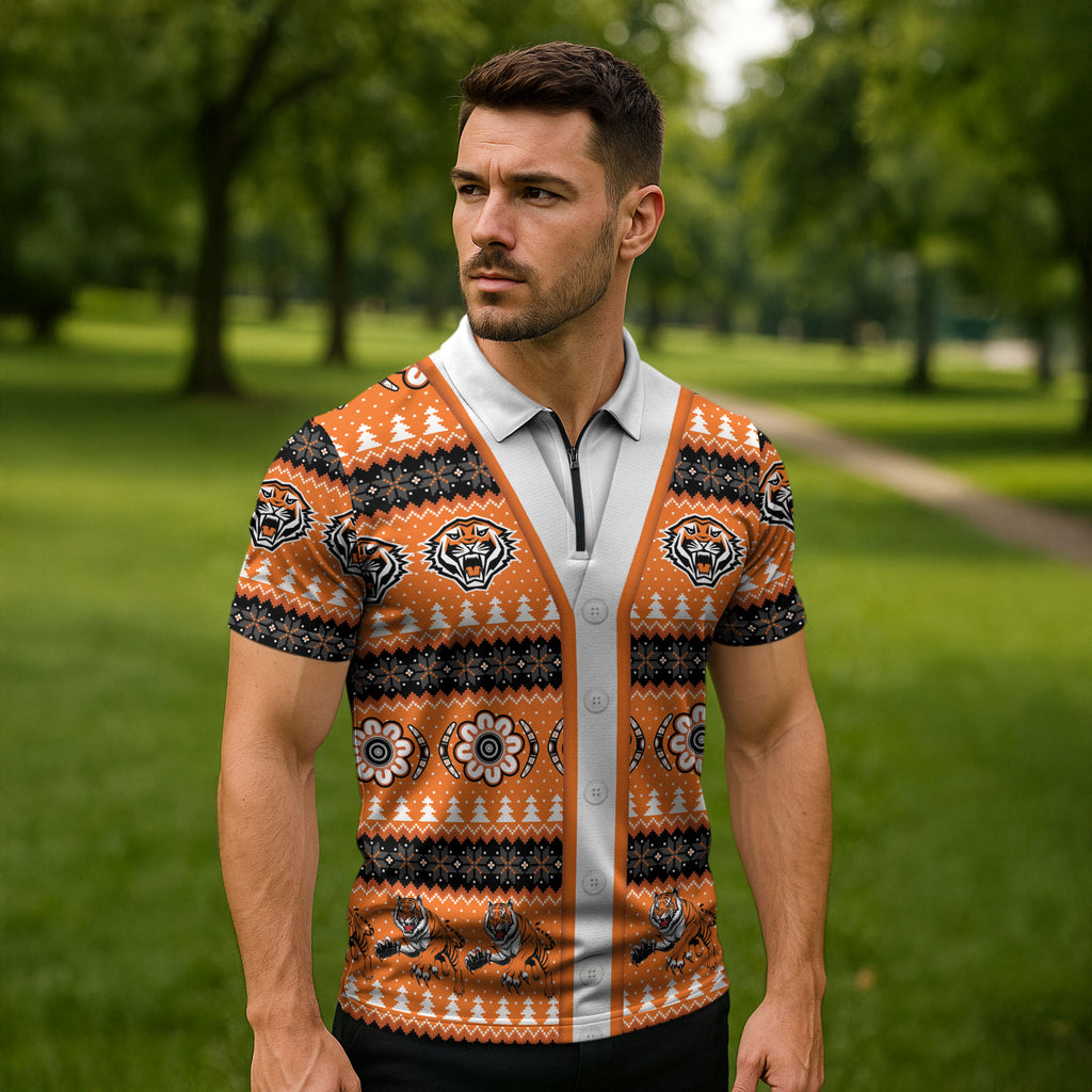 Tigers Rugby Christmas Zipper Polo Shirt Aboriginal Seamless Cardigan Inspired