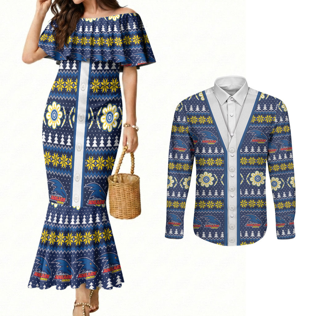 Adelaide Crows Football Christmas Couples Matching Mermaid Dress and Long Sleeve Button Shirt Aboriginal Seamless Cardigan Inspired