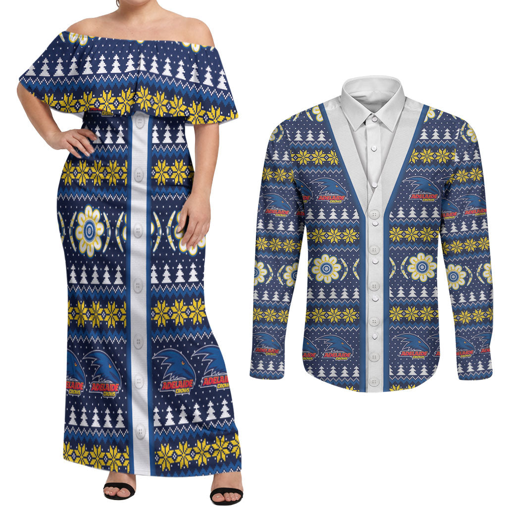 Adelaide Crows Football Christmas Couples Matching Off Shoulder Maxi Dress and Long Sleeve Button Shirt Aboriginal Seamless Cardigan Inspired