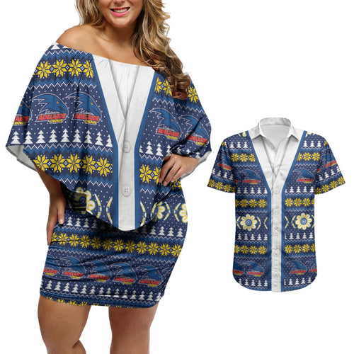 Adelaide Crows Football Christmas Couples Matching Off Shoulder Short Dress and Hawaiian Shirt Aboriginal Seamless Cardigan Inspired