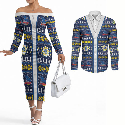Adelaide Crows Football Christmas Couples Matching Off The Shoulder Long Sleeve Dress and Long Sleeve Button Shirt Aboriginal Seamless Cardigan Inspired
