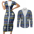 Adelaide Crows Football Christmas Couples Matching Short Sleeve Bodycon Dress and Long Sleeve Button Shirt Aboriginal Seamless Cardigan Inspired