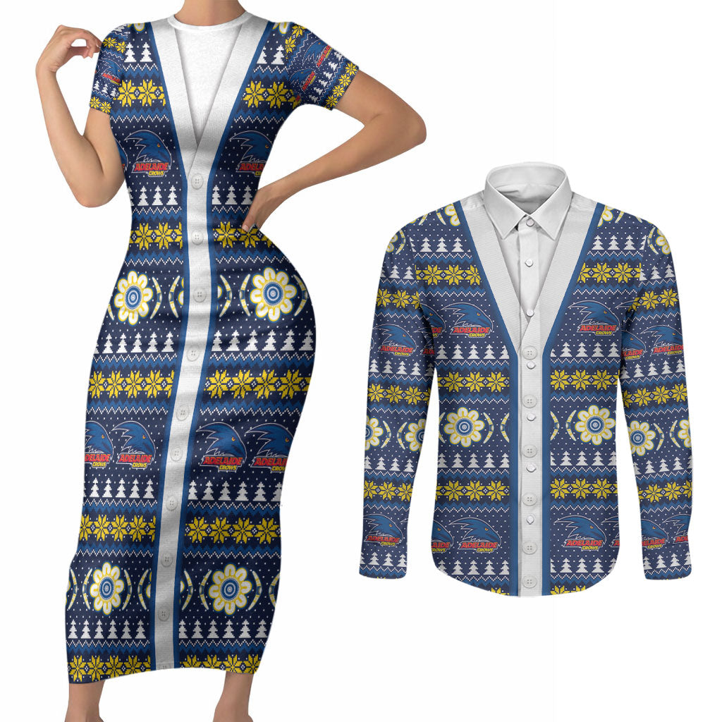 Adelaide Crows Football Christmas Couples Matching Short Sleeve Bodycon Dress and Long Sleeve Button Shirt Aboriginal Seamless Cardigan Inspired