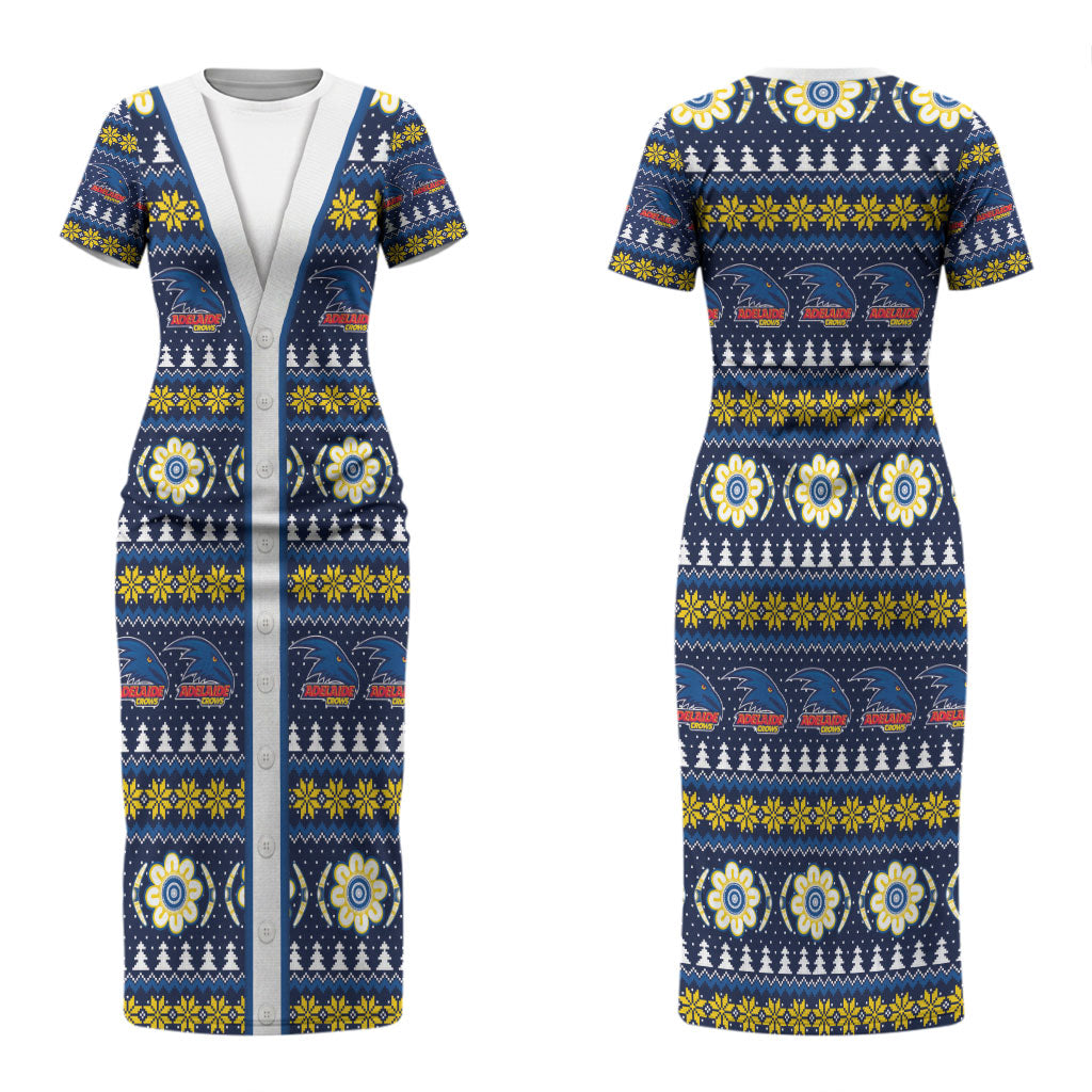 Adelaide Crows Football Christmas Couples Matching Short Sleeve Bodycon Dress and Long Sleeve Button Shirt Aboriginal Seamless Cardigan Inspired