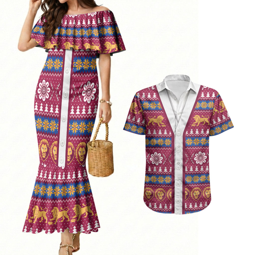 Brisbane Lions Football Christmas Couples Matching Mermaid Dress and Hawaiian Shirt Aboriginal Seamless Cardigan Inspired