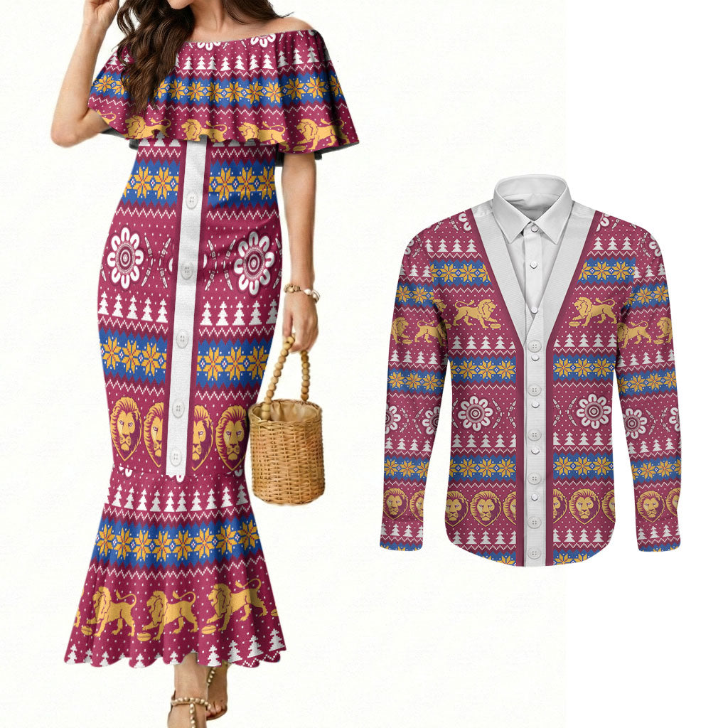 Brisbane Lions Football Christmas Couples Matching Mermaid Dress and Long Sleeve Button Shirt Aboriginal Seamless Cardigan Inspired