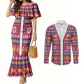 Brisbane Lions Football Christmas Couples Matching Mermaid Dress and Long Sleeve Button Shirt Aboriginal Seamless Cardigan Inspired