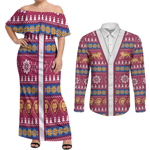 Brisbane Lions Football Christmas Couples Matching Off Shoulder Maxi Dress and Long Sleeve Button Shirt Aboriginal Seamless Cardigan Inspired