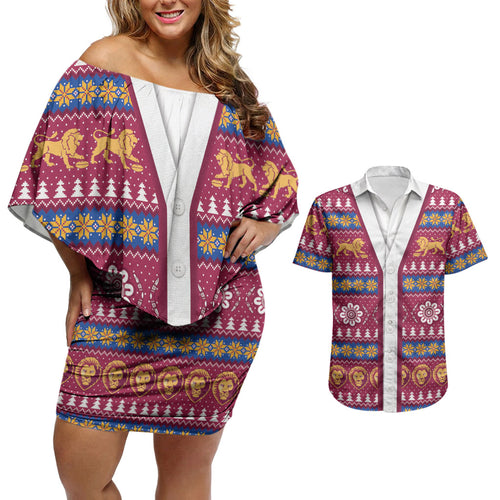 Brisbane Lions Football Christmas Couples Matching Off Shoulder Short Dress and Hawaiian Shirt Aboriginal Seamless Cardigan Inspired