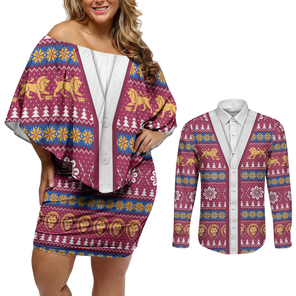 Brisbane Lions Football Christmas Couples Matching Off Shoulder Short Dress and Long Sleeve Button Shirt Aboriginal Seamless Cardigan Inspired