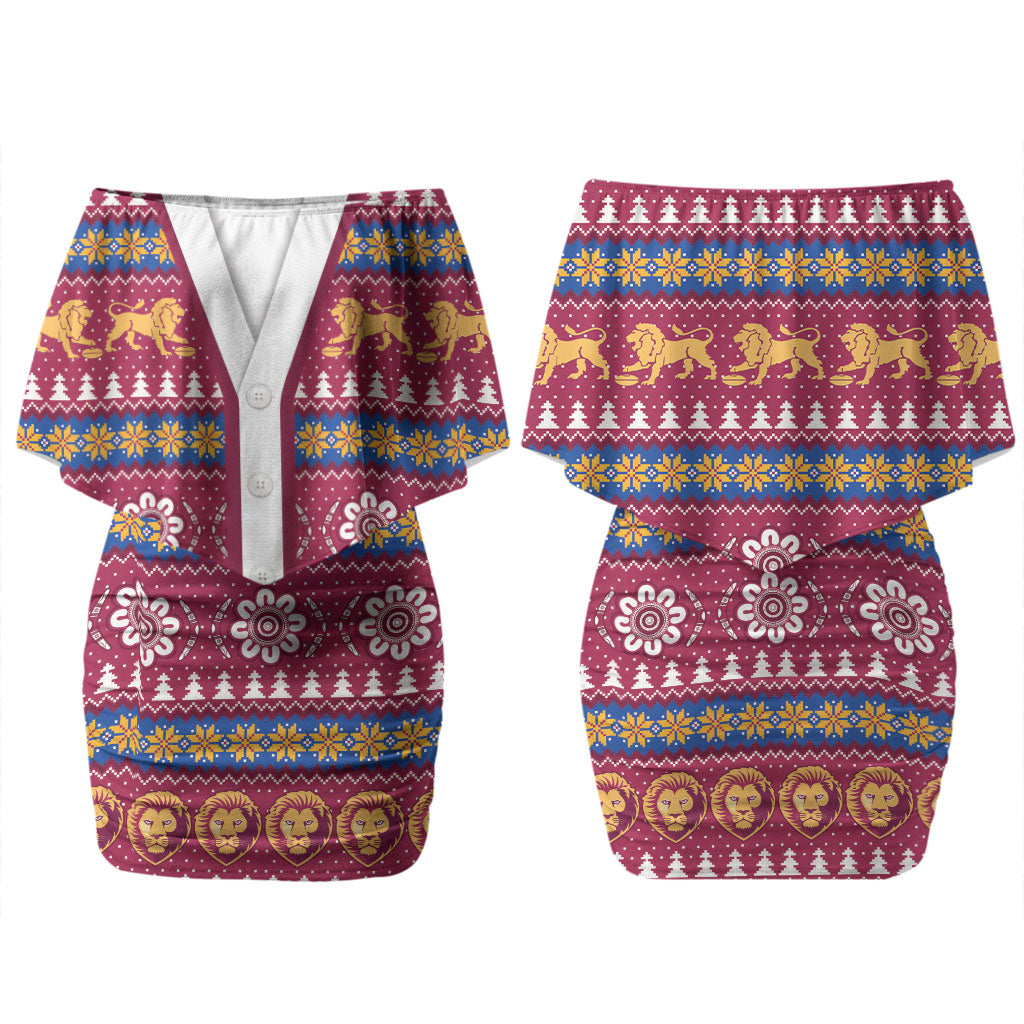 Brisbane Lions Football Christmas Couples Matching Off Shoulder Short Dress and Long Sleeve Button Shirt Aboriginal Seamless Cardigan Inspired