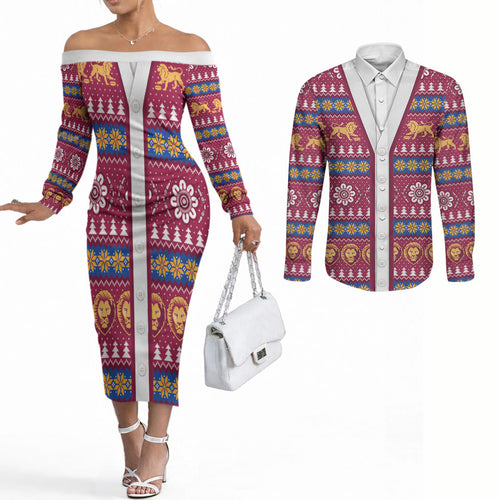 Brisbane Lions Football Christmas Couples Matching Off The Shoulder Long Sleeve Dress and Long Sleeve Button Shirt Aboriginal Seamless Cardigan Inspired
