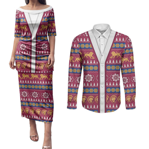 Brisbane Lions Football Christmas Couples Matching Puletasi and Long Sleeve Button Shirt Aboriginal Seamless Cardigan Inspired