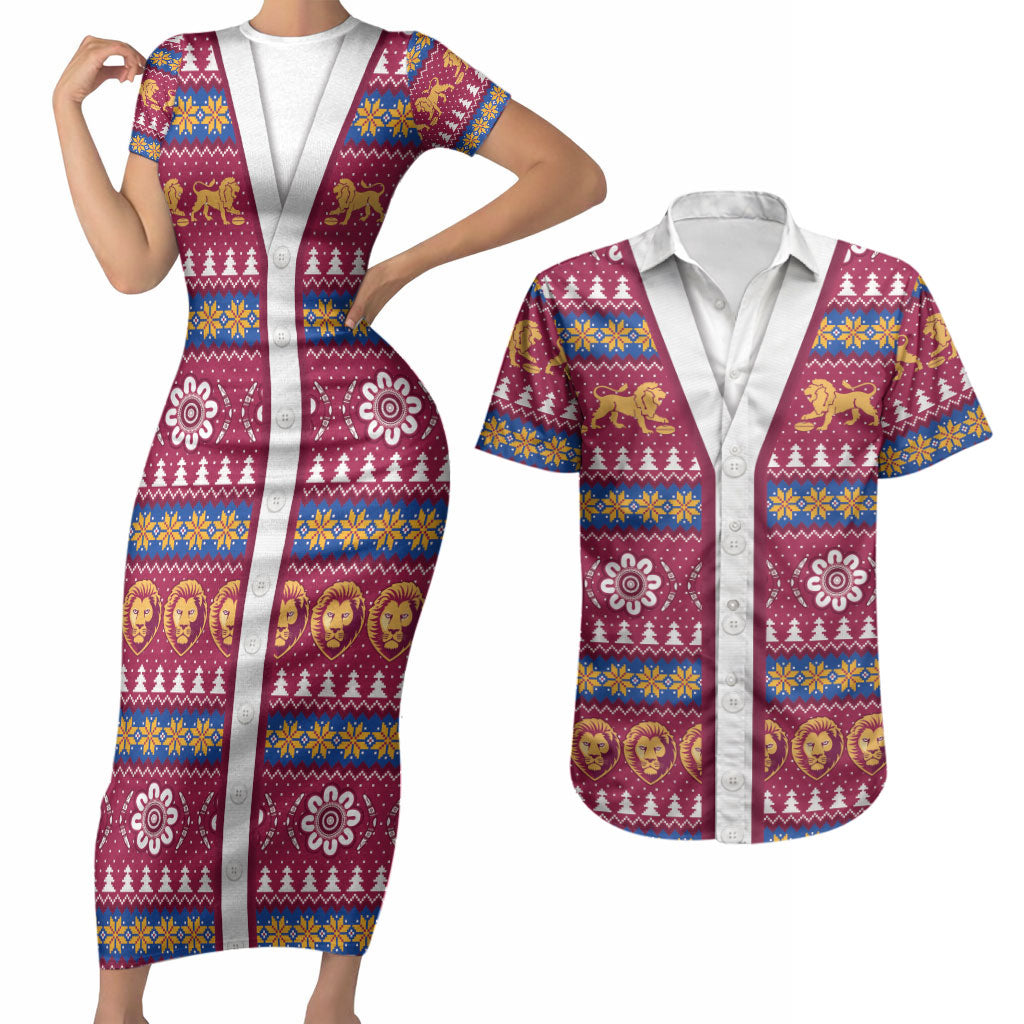 Brisbane Lions Football Christmas Couples Matching Short Sleeve Bodycon Dress and Hawaiian Shirt Aboriginal Seamless Cardigan Inspired