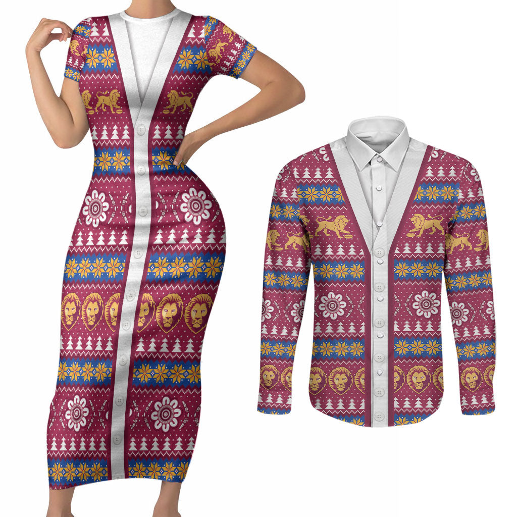 Brisbane Lions Football Christmas Couples Matching Short Sleeve Bodycon Dress and Long Sleeve Button Shirt Aboriginal Seamless Cardigan Inspired