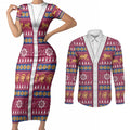 Brisbane Lions Football Christmas Couples Matching Short Sleeve Bodycon Dress and Long Sleeve Button Shirt Aboriginal Seamless Cardigan Inspired