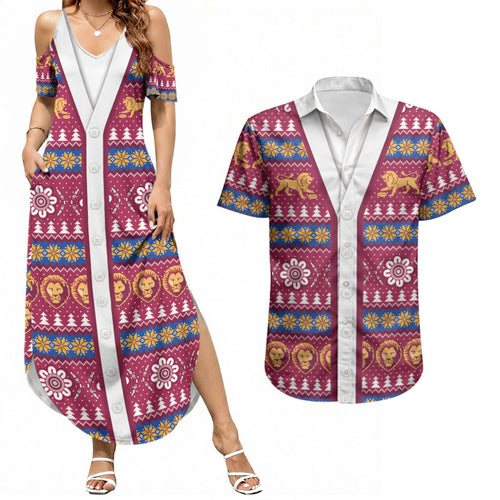 Brisbane Lions Football Christmas Couples Matching Summer Maxi Dress and Hawaiian Shirt Aboriginal Seamless Cardigan Inspired