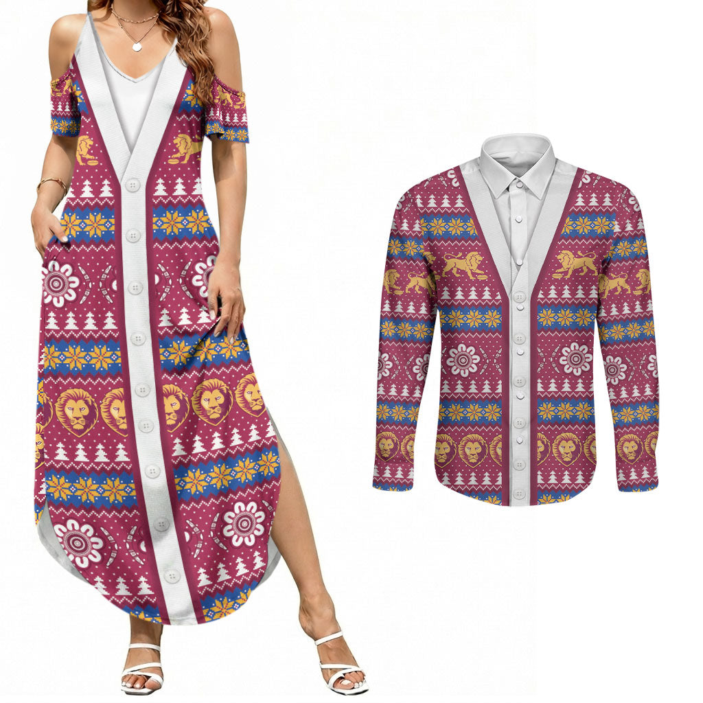 Brisbane Lions Football Christmas Couples Matching Summer Maxi Dress and Long Sleeve Button Shirt Aboriginal Seamless Cardigan Inspired