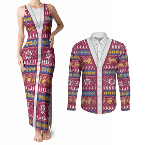 Brisbane Lions Football Christmas Couples Matching Tank Maxi Dress and Long Sleeve Button Shirt Aboriginal Seamless Cardigan Inspired