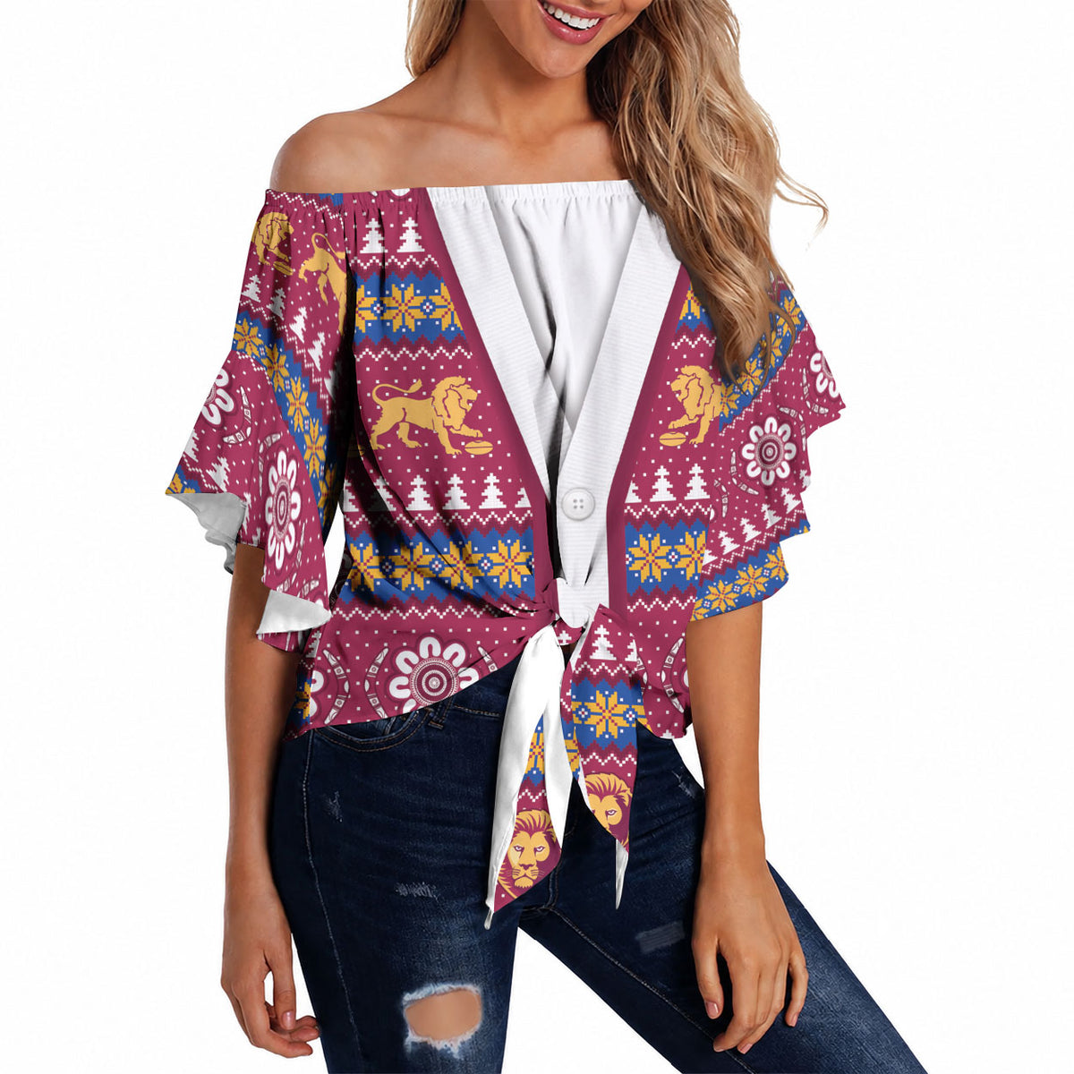 Brisbane Lions Football Christmas Off Shoulder Wrap Waist Top Aboriginal Seamless Cardigan Inspired