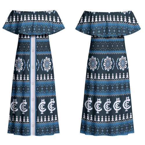 Blues Football Christmas Couples Matching Off Shoulder Maxi Dress and Long Sleeve Button Shirt Aboriginal Seamless Cardigan Inspired