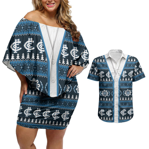 Blues Football Christmas Couples Matching Off Shoulder Short Dress and Hawaiian Shirt Aboriginal Seamless Cardigan Inspired