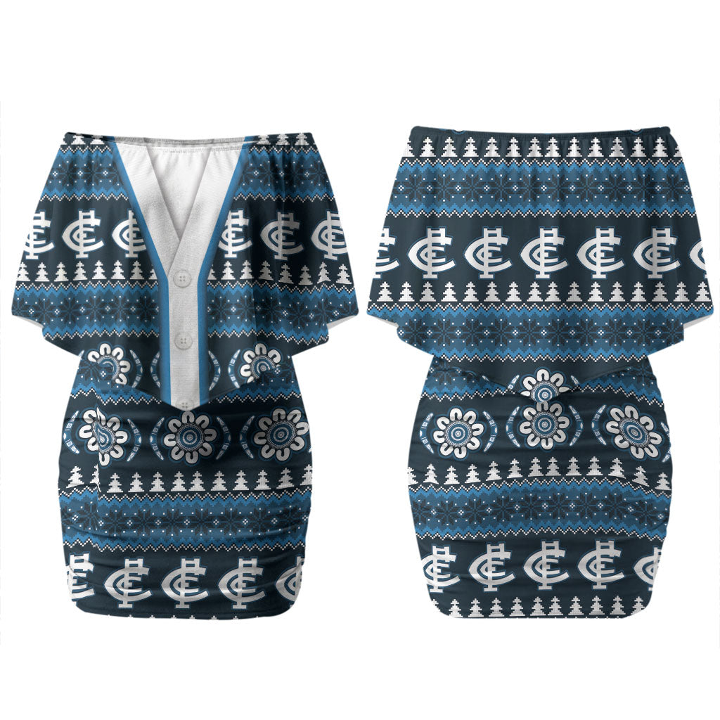 Blues Football Christmas Couples Matching Off Shoulder Short Dress and Hawaiian Shirt Aboriginal Seamless Cardigan Inspired