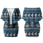 Blues Football Christmas Couples Matching Off Shoulder Short Dress and Hawaiian Shirt Aboriginal Seamless Cardigan Inspired