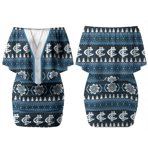 Blues Football Christmas Couples Matching Off Shoulder Short Dress and Hawaiian Shirt Aboriginal Seamless Cardigan Inspired