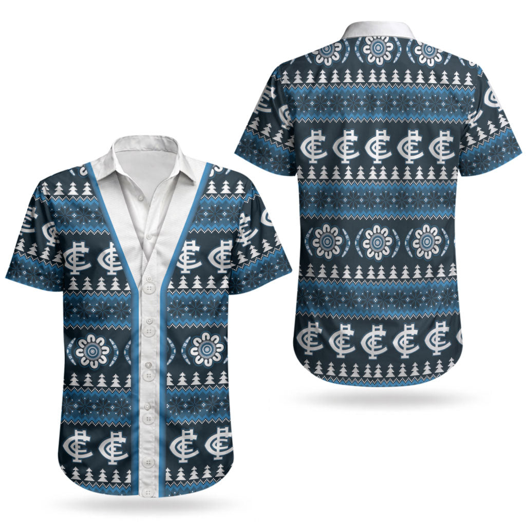Blues Football Christmas Couples Matching Off Shoulder Short Dress and Hawaiian Shirt Aboriginal Seamless Cardigan Inspired