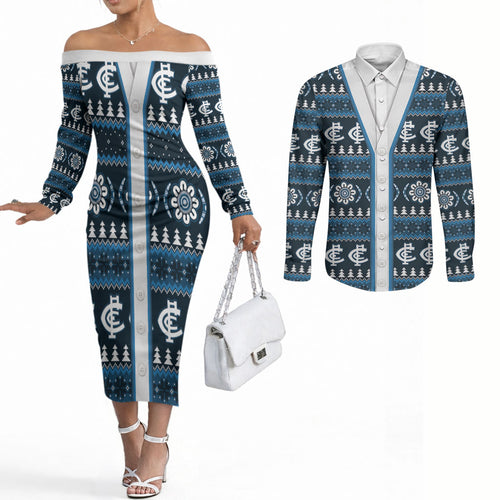 Blues Football Christmas Couples Matching Off The Shoulder Long Sleeve Dress and Long Sleeve Button Shirt Aboriginal Seamless Cardigan Inspired