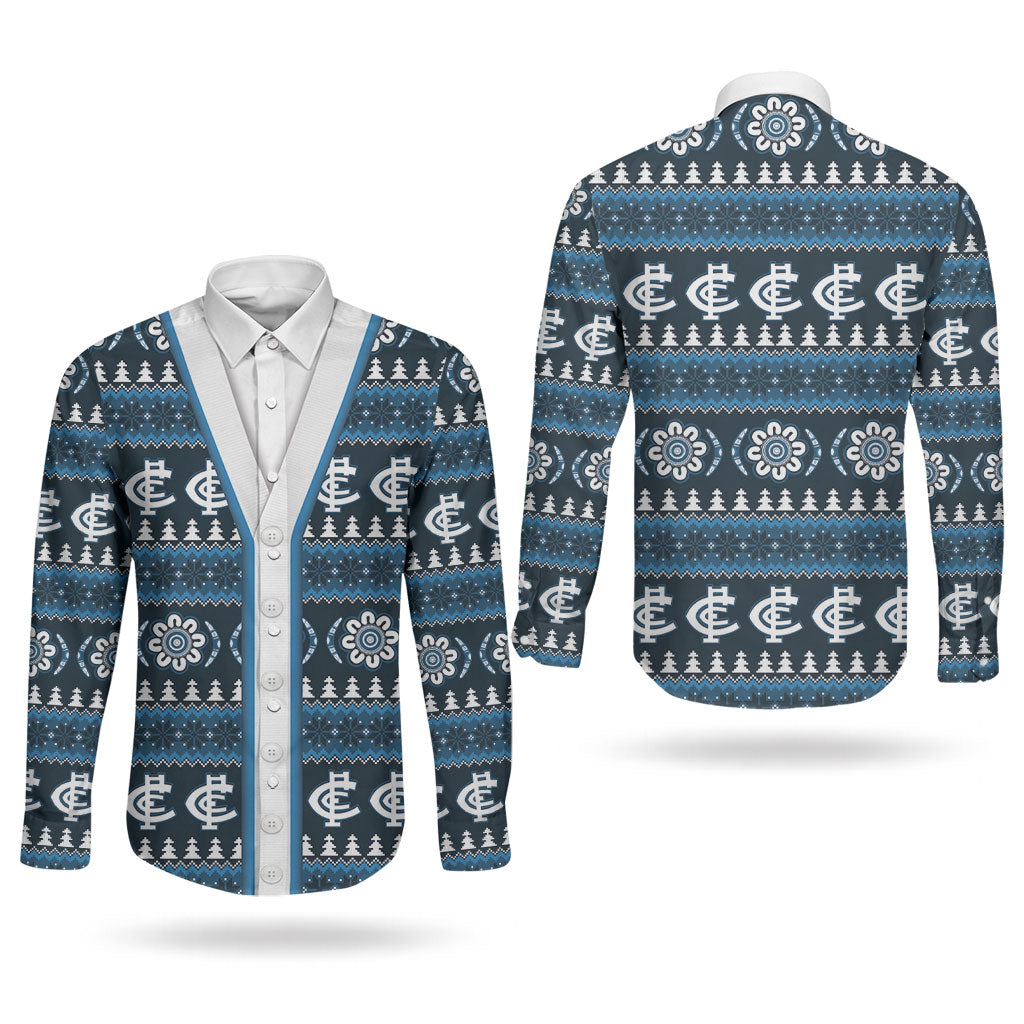 Blues Football Christmas Couples Matching Off The Shoulder Long Sleeve Dress and Long Sleeve Button Shirt Aboriginal Seamless Cardigan Inspired