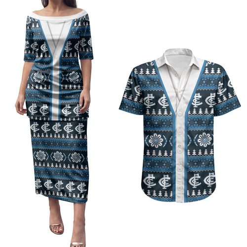 Blues Football Christmas Couples Matching Puletasi and Hawaiian Shirt Aboriginal Seamless Cardigan Inspired