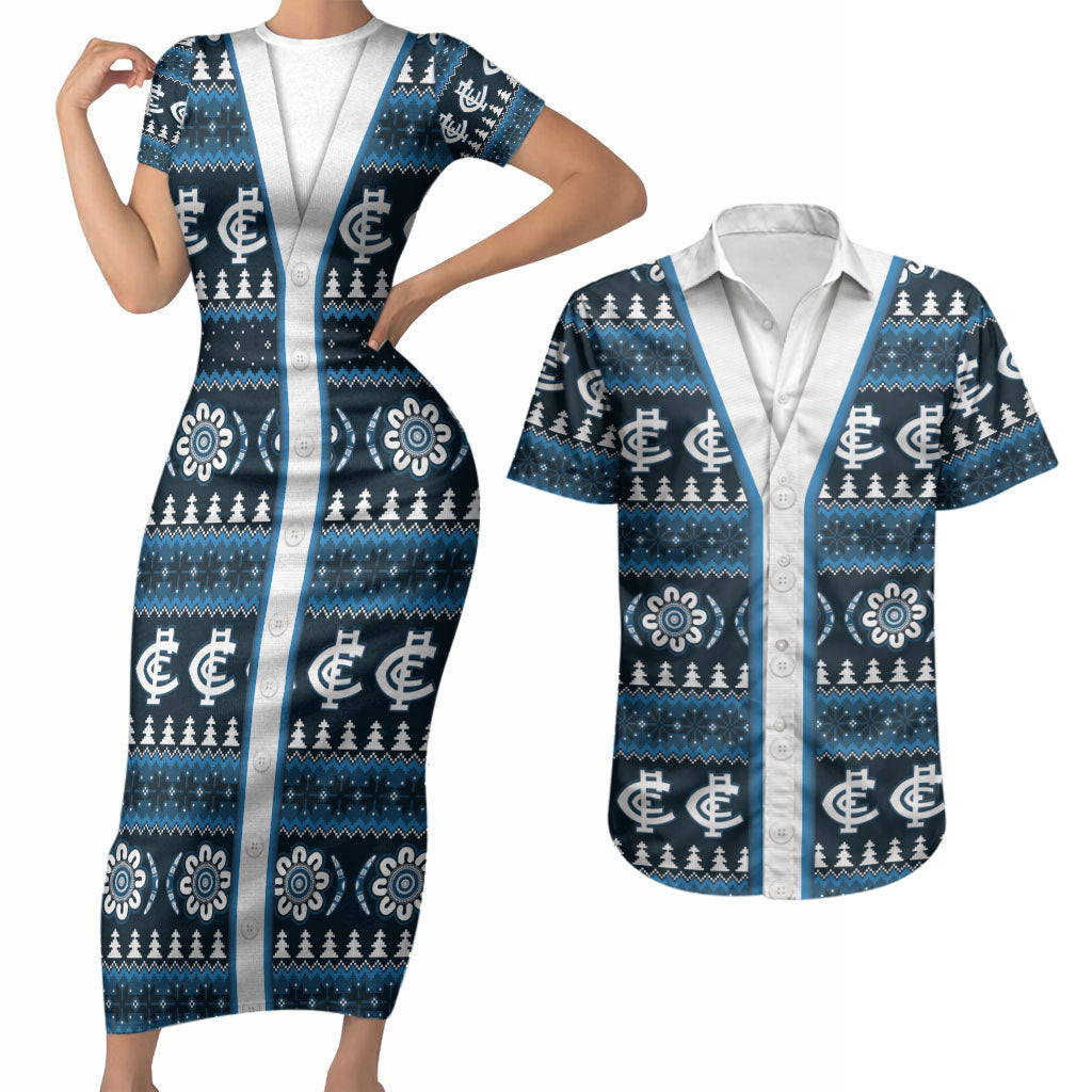 Blues Football Christmas Couples Matching Short Sleeve Bodycon Dress and Hawaiian Shirt Aboriginal Seamless Cardigan Inspired