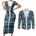 Blues Football Christmas Couples Matching Short Sleeve Bodycon Dress and Long Sleeve Button Shirt Aboriginal Seamless Cardigan Inspired