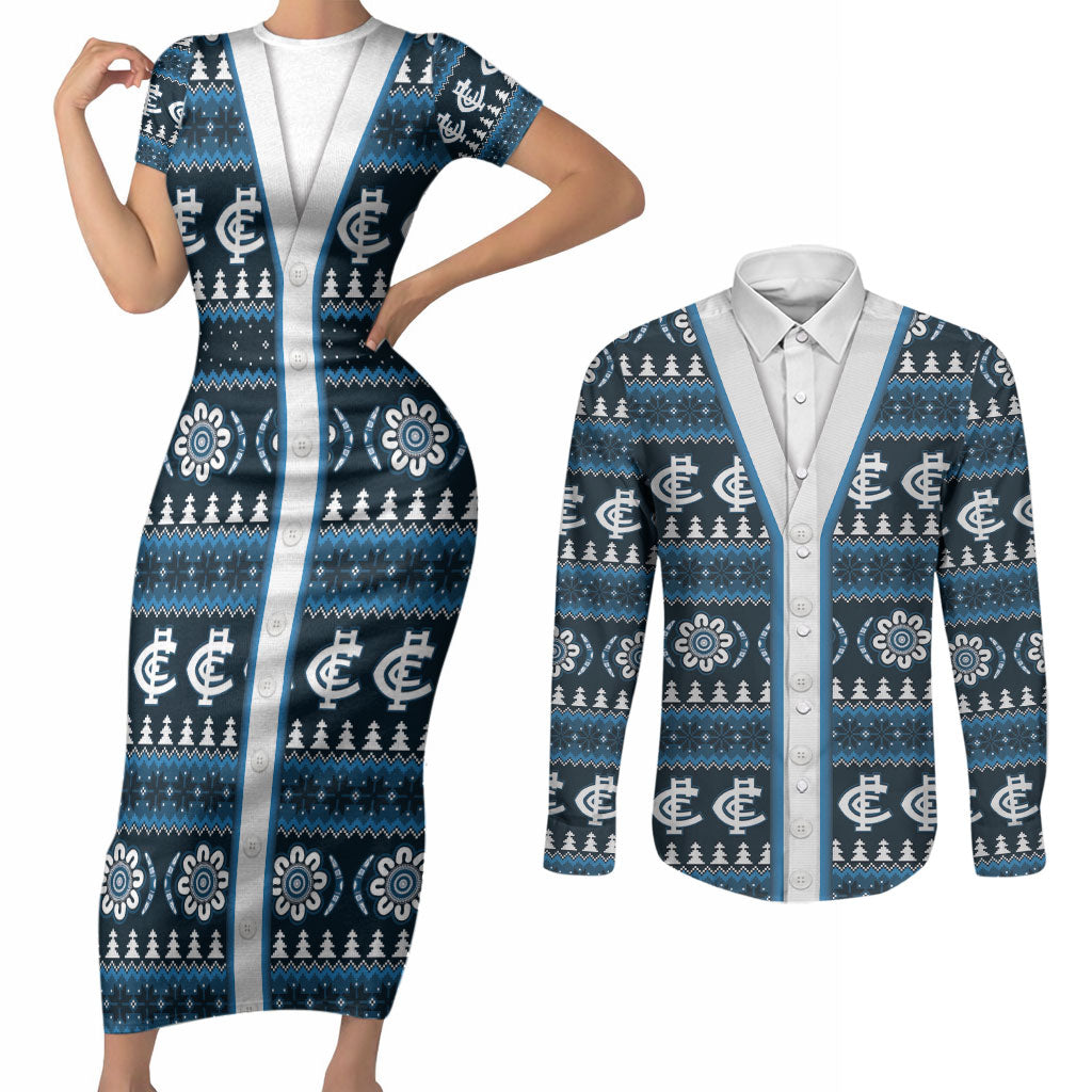Blues Football Christmas Couples Matching Short Sleeve Bodycon Dress and Long Sleeve Button Shirt Aboriginal Seamless Cardigan Inspired