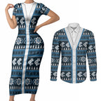 Blues Football Christmas Couples Matching Short Sleeve Bodycon Dress and Long Sleeve Button Shirt Aboriginal Seamless Cardigan Inspired