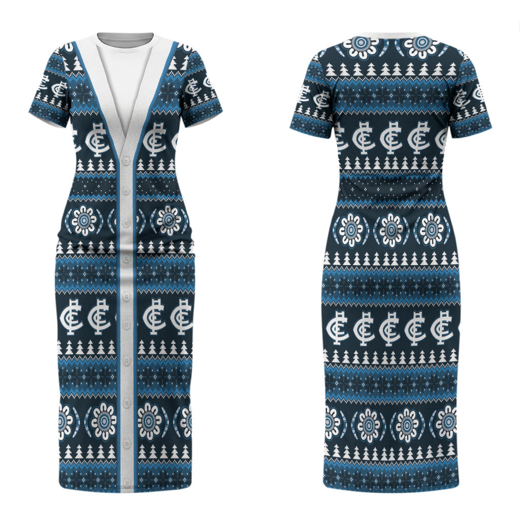Blues Football Christmas Couples Matching Short Sleeve Bodycon Dress and Long Sleeve Button Shirt Aboriginal Seamless Cardigan Inspired