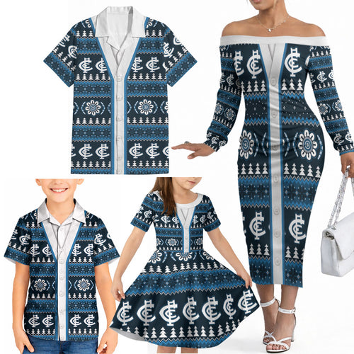 Blues Football Christmas Family Matching Off The Shoulder Long Sleeve Dress and Hawaiian Shirt Aboriginal Seamless Cardigan Inspired