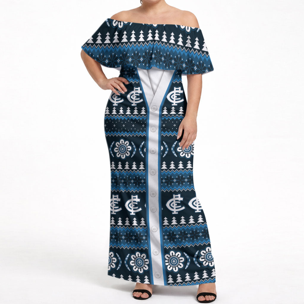 Blues Football Christmas Off Shoulder Maxi Dress Aboriginal Seamless Cardigan Inspired