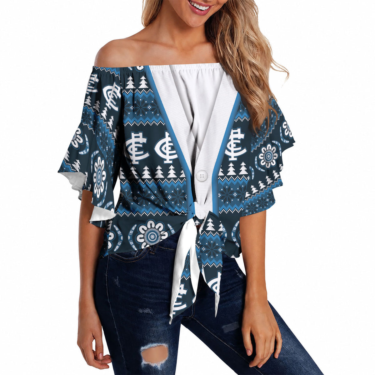 Blues Football Christmas Off Shoulder Wrap Waist Top Aboriginal Seamless Cardigan Inspired