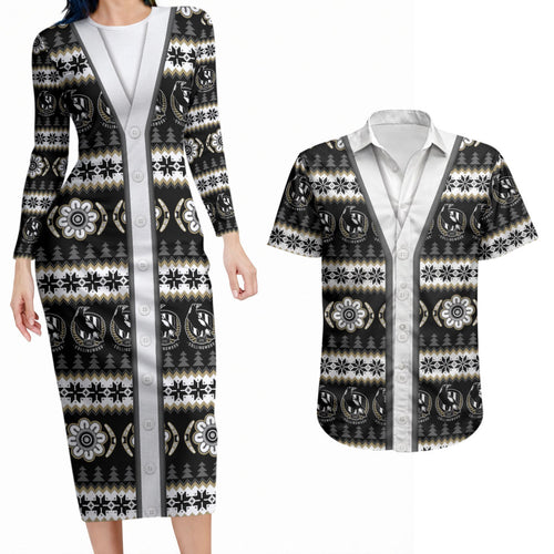 Collingwood Football Christmas Couples Matching Long Sleeve Bodycon Dress and Hawaiian Shirt Aboriginal Seamless Cardigan Inspired