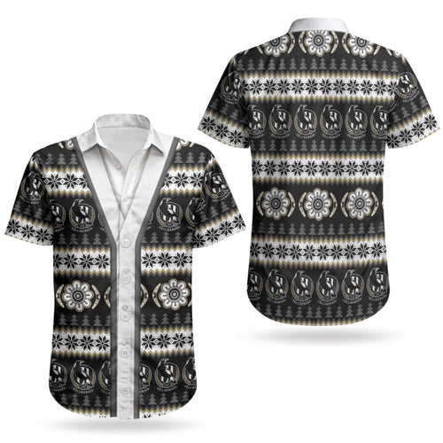 Collingwood Football Christmas Couples Matching Long Sleeve Bodycon Dress and Hawaiian Shirt Aboriginal Seamless Cardigan Inspired