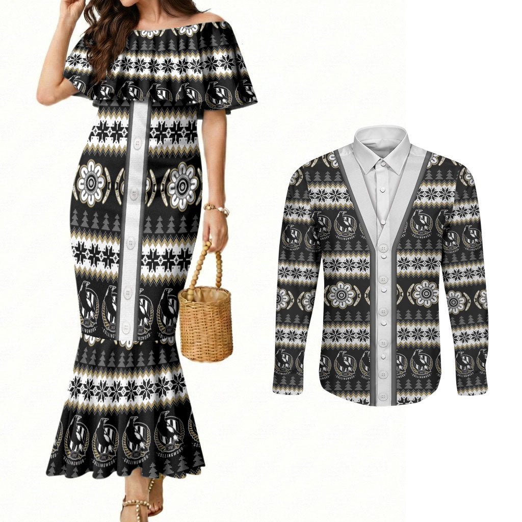 Collingwood Football Christmas Couples Matching Mermaid Dress and Long Sleeve Button Shirt Aboriginal Seamless Cardigan Inspired