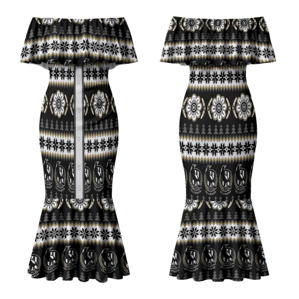 Collingwood Football Christmas Couples Matching Mermaid Dress and Long Sleeve Button Shirt Aboriginal Seamless Cardigan Inspired