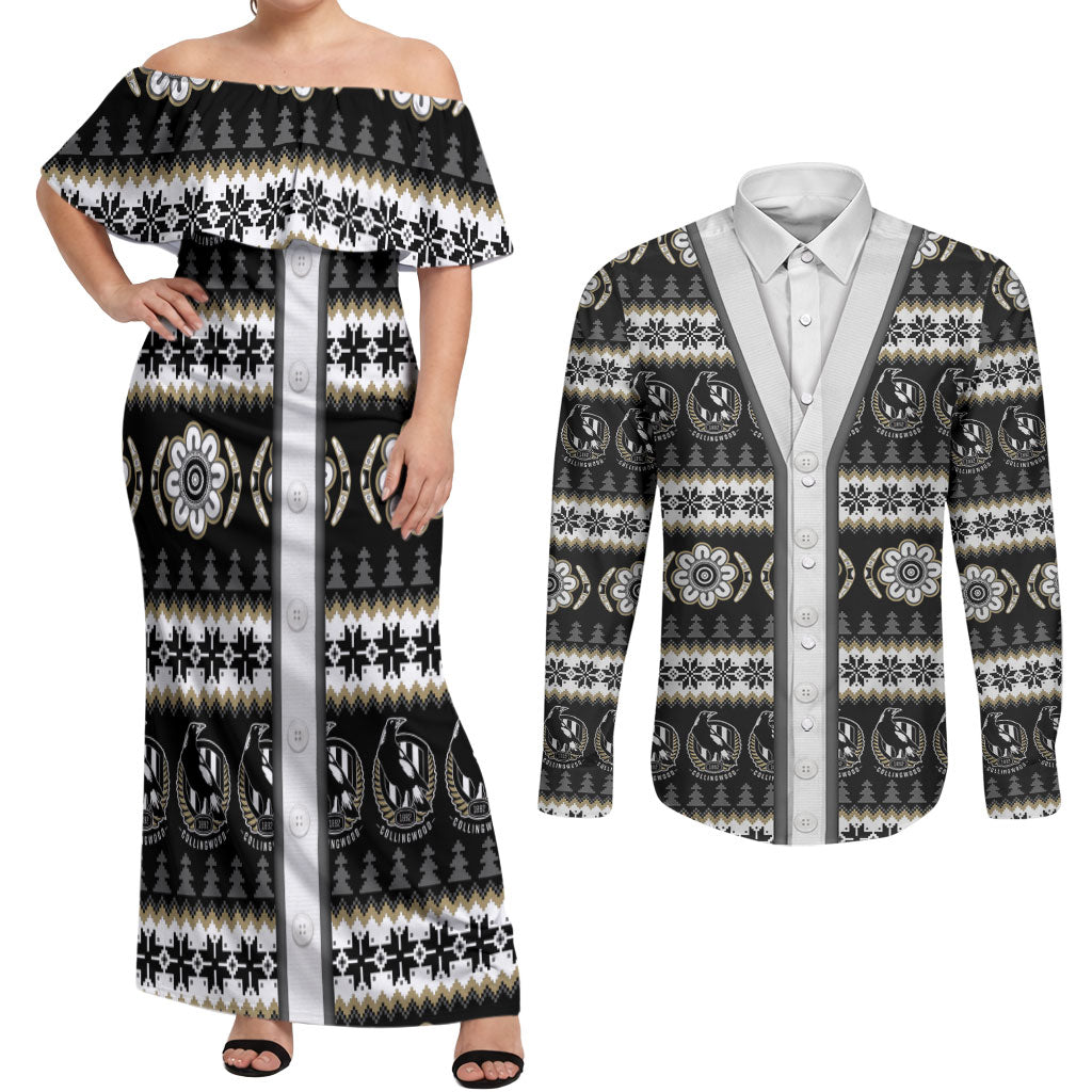Collingwood Football Christmas Couples Matching Off Shoulder Maxi Dress and Long Sleeve Button Shirt Aboriginal Seamless Cardigan Inspired