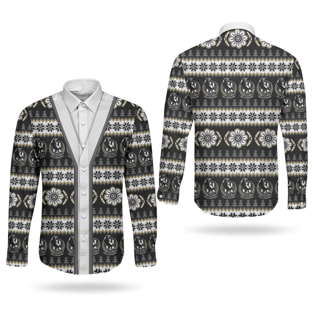 Collingwood Football Christmas Couples Matching Off Shoulder Maxi Dress and Long Sleeve Button Shirt Aboriginal Seamless Cardigan Inspired